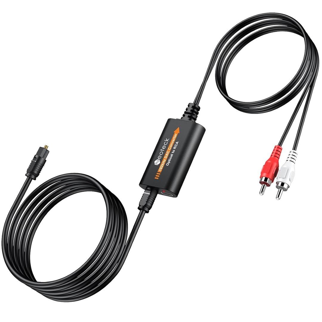 Neoteck 192kHz DAC Converter 5.9ft/1.8m Optical to RCA Cable SPDIF to RCA Digital to Analog Converter with Built-in Audio Amplifier Chipset for HDTVs Set-Top Boxes DVD/Blu-Ray Players-Male Output