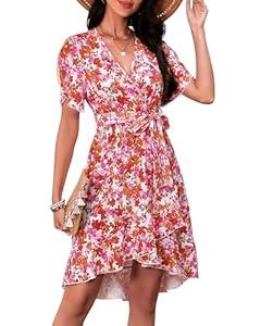 Womens Wrap V Neck Short Sleeve Dress 2025 Summer Floral Boho Dress Ruffle A Line Flowy High Low Midi Dresses (XL)