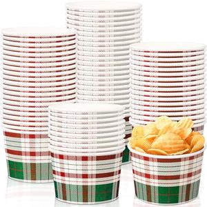 Potchen 50 Pack 9 oz Christmas Soup Bowls Disposable Paper Cups Winter Themed Disposable Dessert Bowls Green White Plaid Paper Snack Cups for Hot and Cold Food Christmas Party Supplies