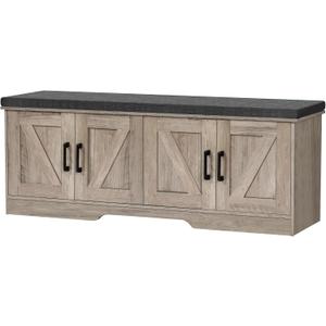 HOMSHO 2-Tier Storage Bench, 47.2" Wide Shoe Bench with Padded Seat Cushion, Entryway Bench with 4 Barn Doors and Adjustable Shelf, Greige