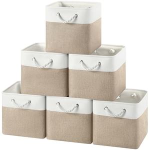 HUZNXVY 12x12 Storage Cube Bins, 6 Pack Reinforced Bottom Cardboard Foldable Box, Organizer for Closet Shelves, Heavy Home Storage Baskets (White Khaki)