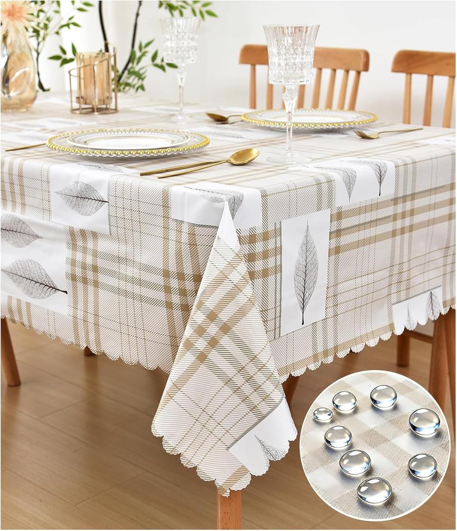 Gingham Tablecloths Plaid Leaf Table Cloth - Checkered Oilcloth Waterproof Vinyl and Polyester Backed Tablecloth, Fall Thanksgiving Christmas Kitchen Holiday Outdoor Picnic Decoration, 47*60 inch (Beige)