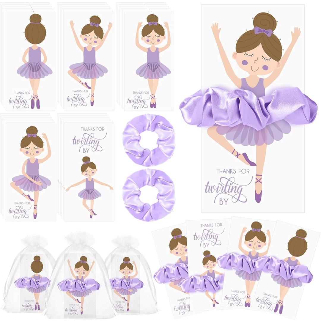 Yinkin 30 Sets Ballerina Party Favors for Girls Hair Scrunchies with Thanks Twirling Cards for Birthday Dance Recital Gifts Ballet Party Favors(Purple)