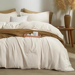 Bailix Muslin Duvet Cover Set King Size, 100% Washed Cotton Gauze Duvet Cover for All Seasons, Linen Like, 3 PCS, 1 Fluffy Duvet Cover(104"x90") with 2 Pillow Shams(20"x36"), Beige