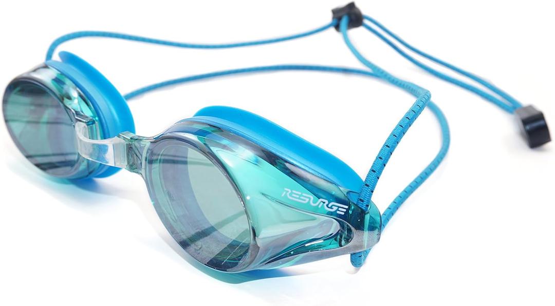Anti Fog Racing Swimming Goggles with Quick Adjust Bungee Strap (Universal Fit, Blue Mirror)