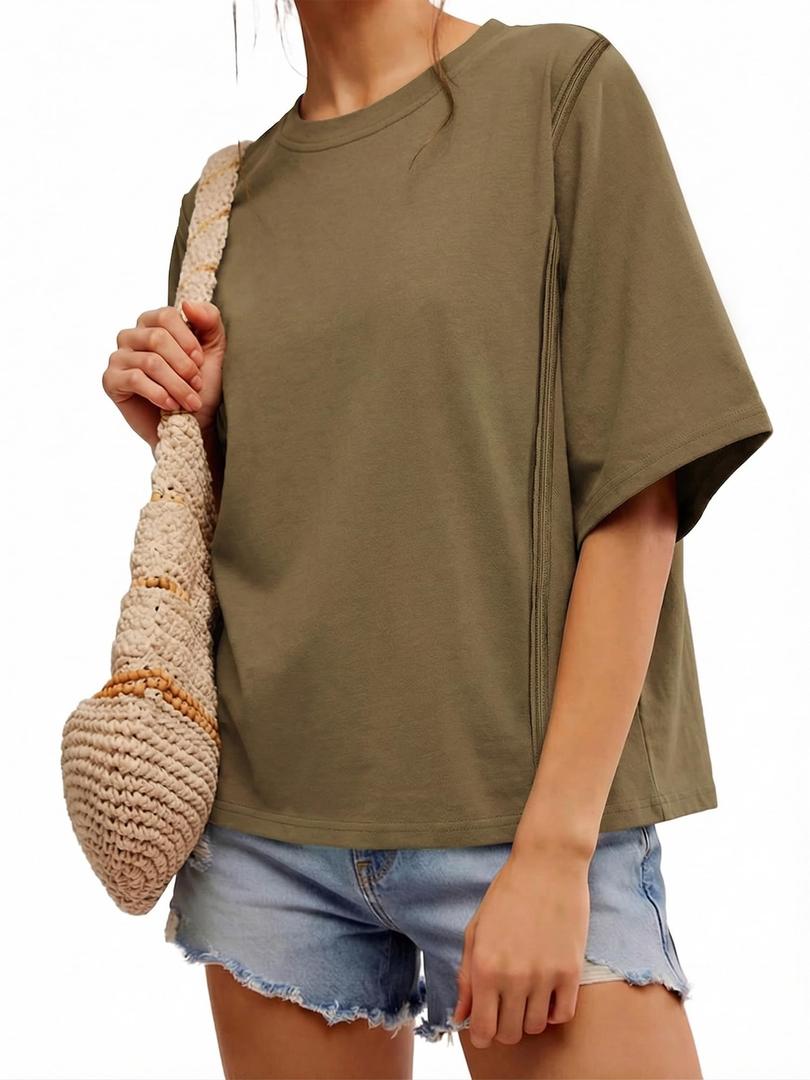 Womens Summer Tops Oversized Crew Neck T-Shirts Loose Fit Shirts Brown