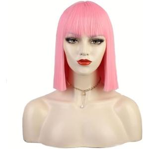 incohair Pink Bob Wigs with Bangs 12 Inch Short Straight Bob Wigs for Women Full Synthetic Hair Cosplay Daily Party Wigs Wig Cap Included (Pink)