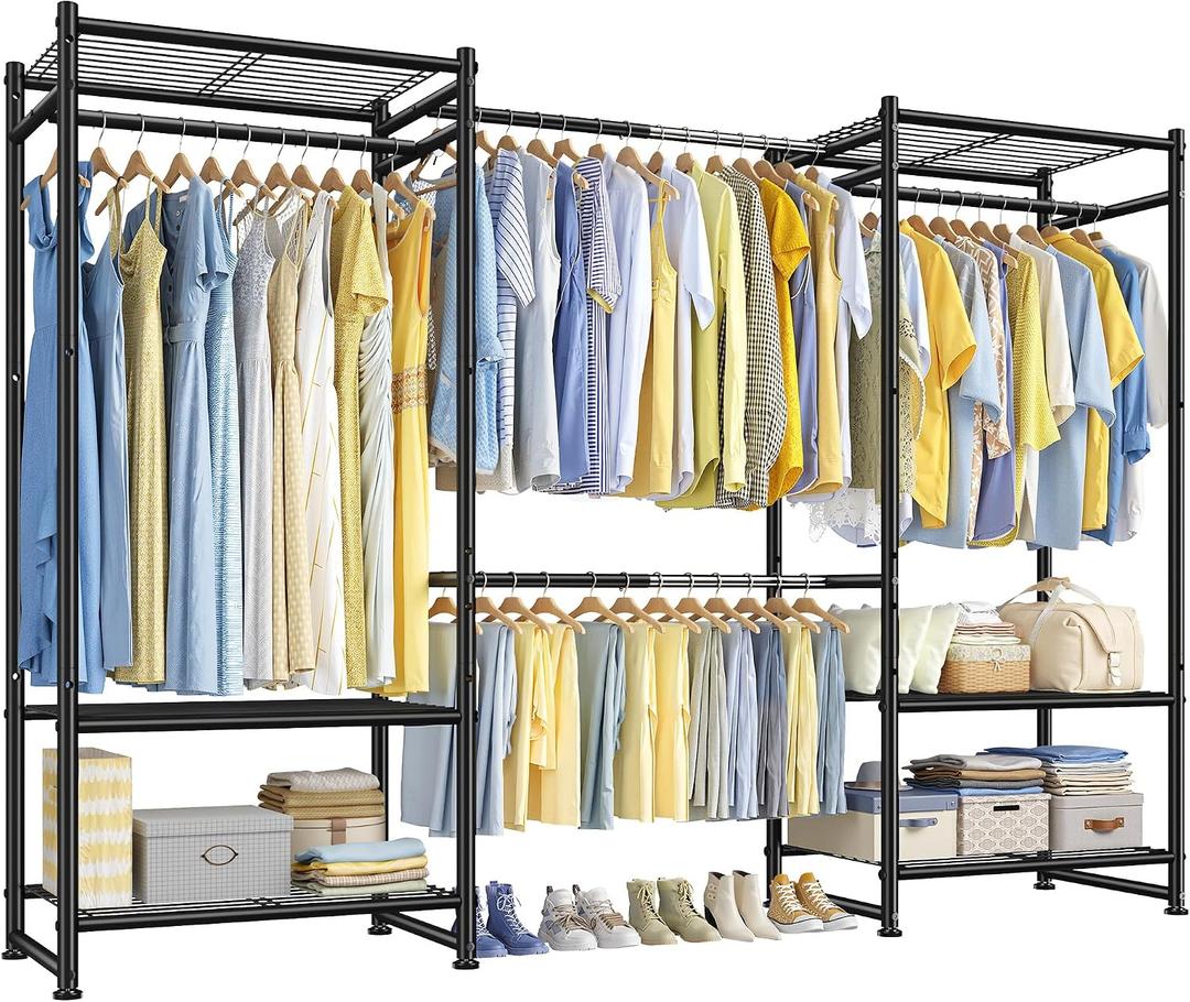 Raybee Clothes Rack, Heavy Duty Expandable Clothing Racks for Hanging Clothes, Adjustable Metal Closet Rack with 4 Rods & 6 Shelves, Freestanding Closet Wardrobe for Bedroom, Max Load 660lbs, Black