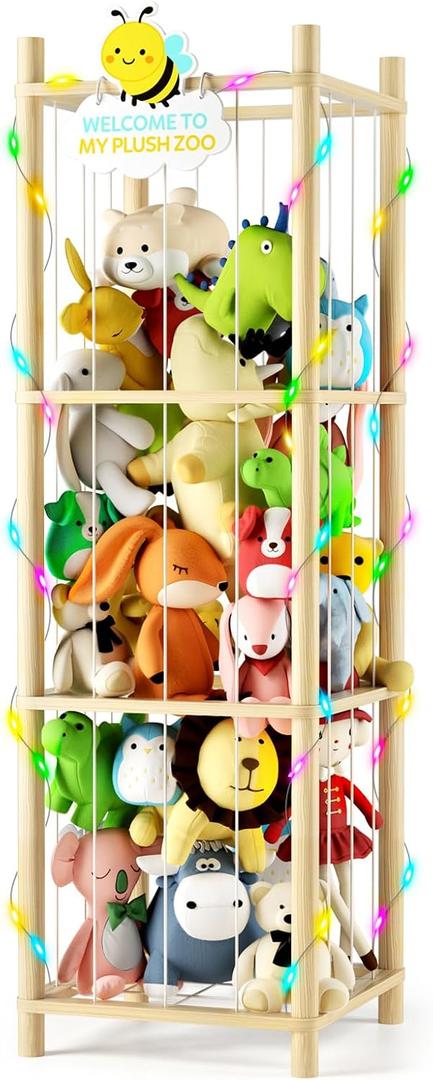 Hsenowi Stuffed Animal Storage Zoo Organizer Natural Pine Plushies Storage with Elastic Bands Vertical Wood Toy Holder Mesh Net Space Saving Design for Playroom Nursery Kids Bedroom
