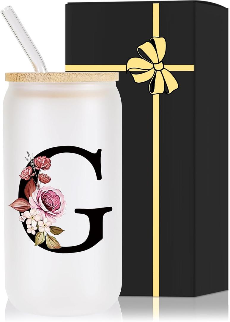 Monogrammed Glass Drinking Cup With Lid Straw Happy Birthday for Adult Men Women Who Have Everything Want Nothing Dad Mom Guy People Couples Parents Christmas Cool Funny Unique Special Gifts Present,G, 16 Ounces