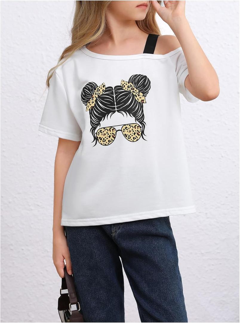 SHENHE Girl's Summer Graphic Tee Cut Out Shoulder Short Sleeve Asymmetrical Tshirt Top,12 Years old