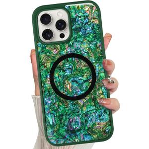 Magnetic for iPhone 14 Pro Max Case Abalone Shell, Emerald Green | Cute Sparkle Mother of Pearl Design, Compatible with MagSafe, Shockproof Protective Phone Cover