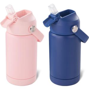 Kerilyn 12oz Kids Water Bottle 2 Pack, Stainless Steel Insulated Water Bottle Bulk, Toddler Cups with Straws Leak-Proof, Kids Water Bottles for School Boys Girls, BPA Free, Blue+Pink 2 Piece Set