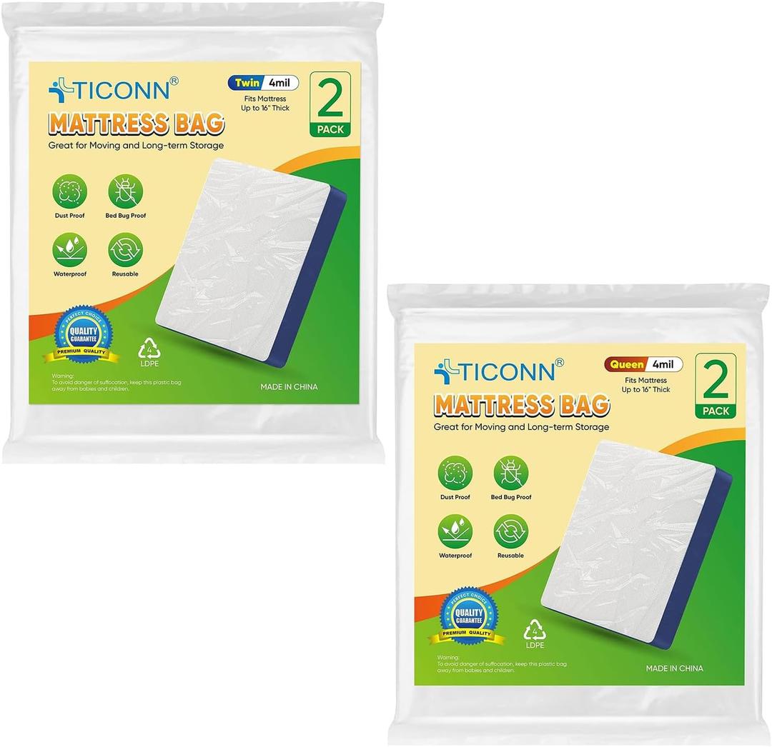 TICONN 2PK Plastic Mattress Bag for Moving Storage 4mil Queen + Twin