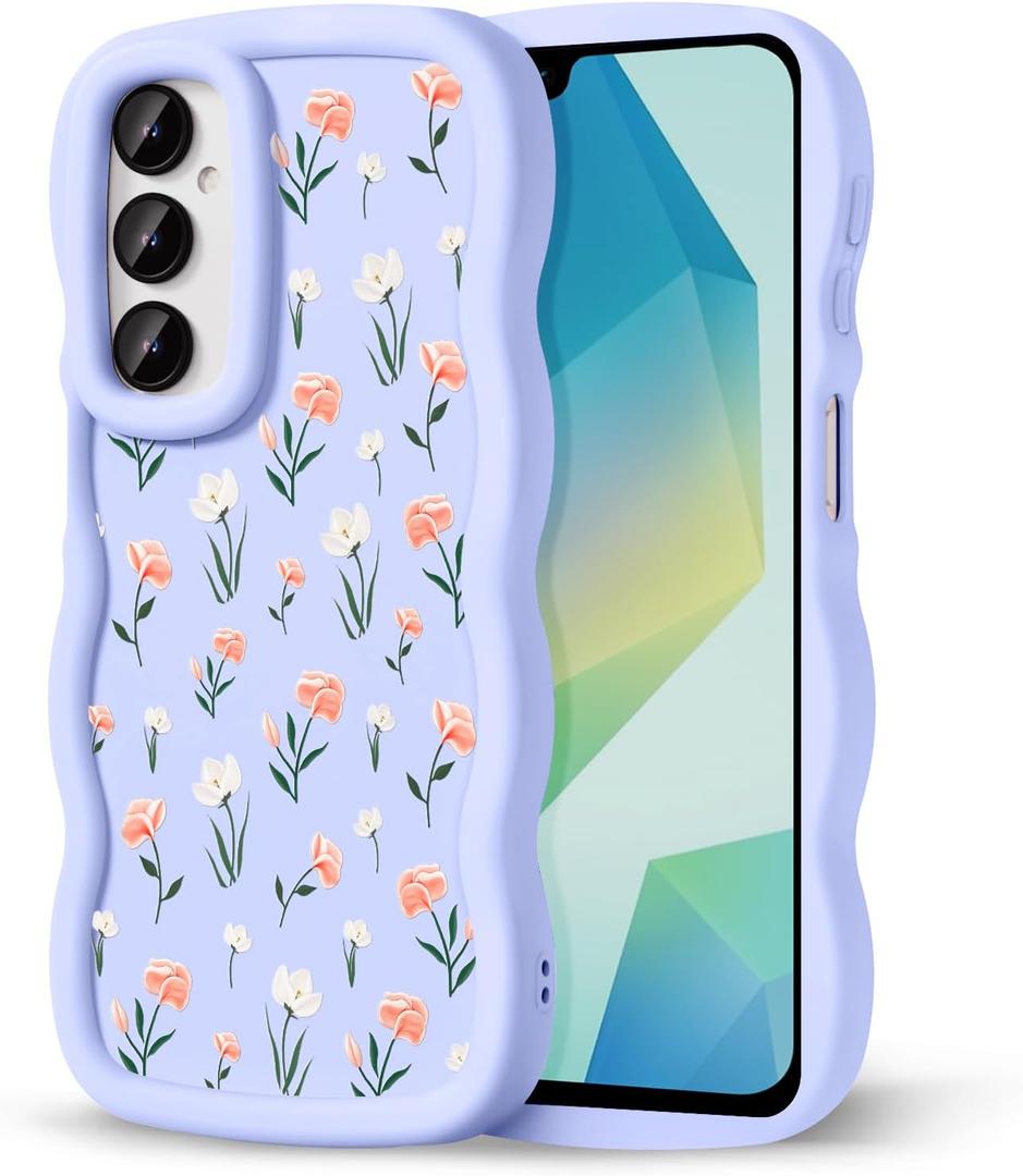 Compatible with Galaxy A16 5G Phone Case for Women Girls, Curly Wavy Frame with Cute Pattern, Aesthetic Slim Soft Silicone TPU Bumper Shockproof Phone Case for Samsung A16 - Tulip Daisy