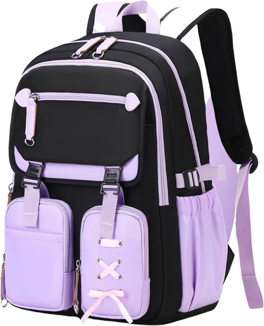 Cute Aesthetic Girls Backpack, Elementary Middle High School Student Book Bag for Kids Teens, Large Capacity Kawaii Preppy Bow Tie Bookbag for Ages 6-8 8-10 10-12 (Purple)