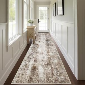 Capslpad 2x12 Brown Abstract Hallway Runner, Ultra Soft Fabric Washable Runner Rug, Non-Slip Rubber Backing, Stain Resistant Low Pile Runners for Hallways, Kitchen, Entryway, Bedroom, Laundry