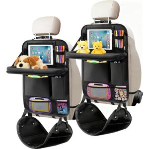 Backseat Car Organizer 4Pack with Table Tray Free Foot Hammock Car Seat Protector with Tablet Holder for Car, 7 Pockets Back Seat Organizer and Kick Mat for Kids Travel Accessories