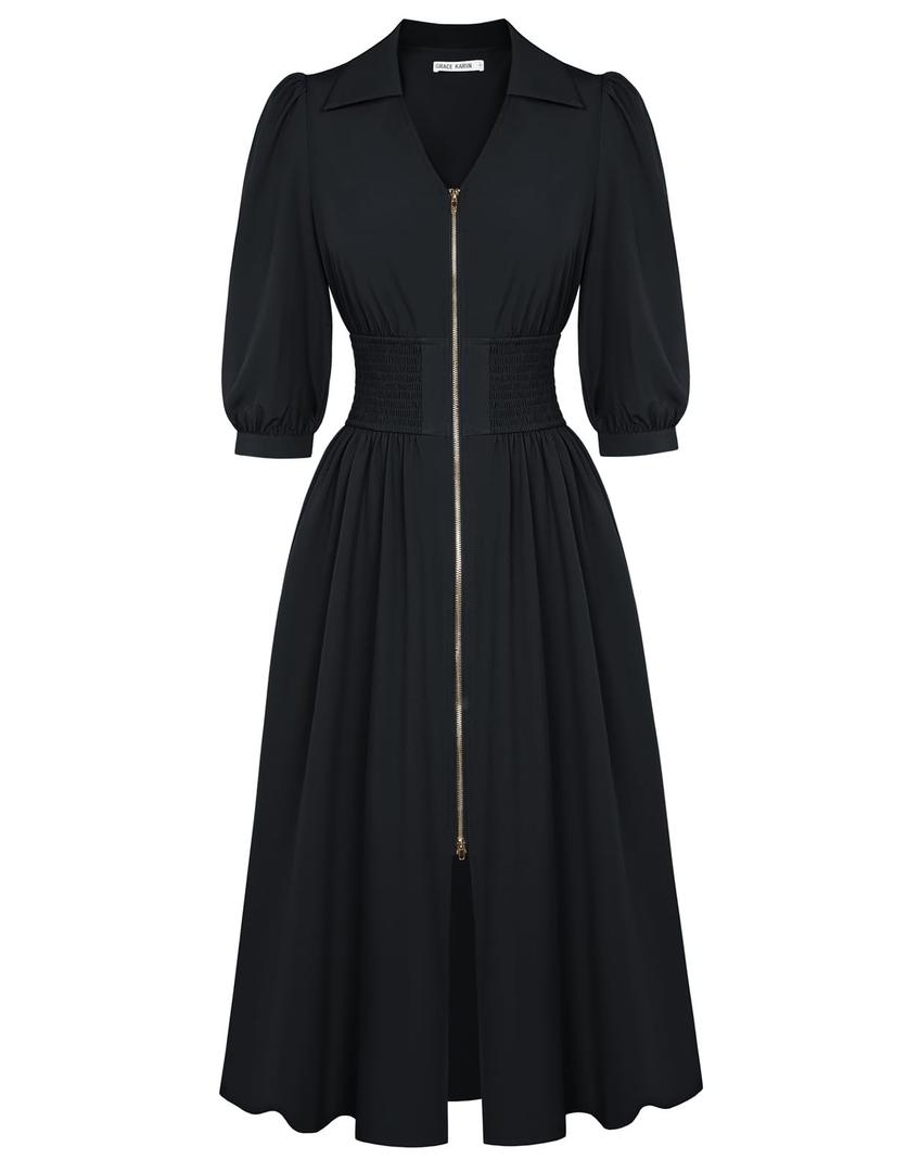 GRACE KARIN Womens Summer Midi Dress 2026 A Line Business Office Work Dress Fit and Flare Zipper 3/4 Sleeve Dress with Pocket, M