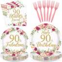 96Pcs 90th Birthday Decorations for Women Rose Gold Floral Party Plates and Napkins Disposable 90th Birthday Gifts Tableware Set for Women Fabulous Party Decorations Serves 24