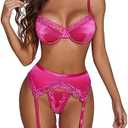 Avidlove Lingerie for Women Underwire Bra and Panty Sets 5 PCS Satin Lace Lingerie Set with Garter Belts, 2 XL, Rose Pink