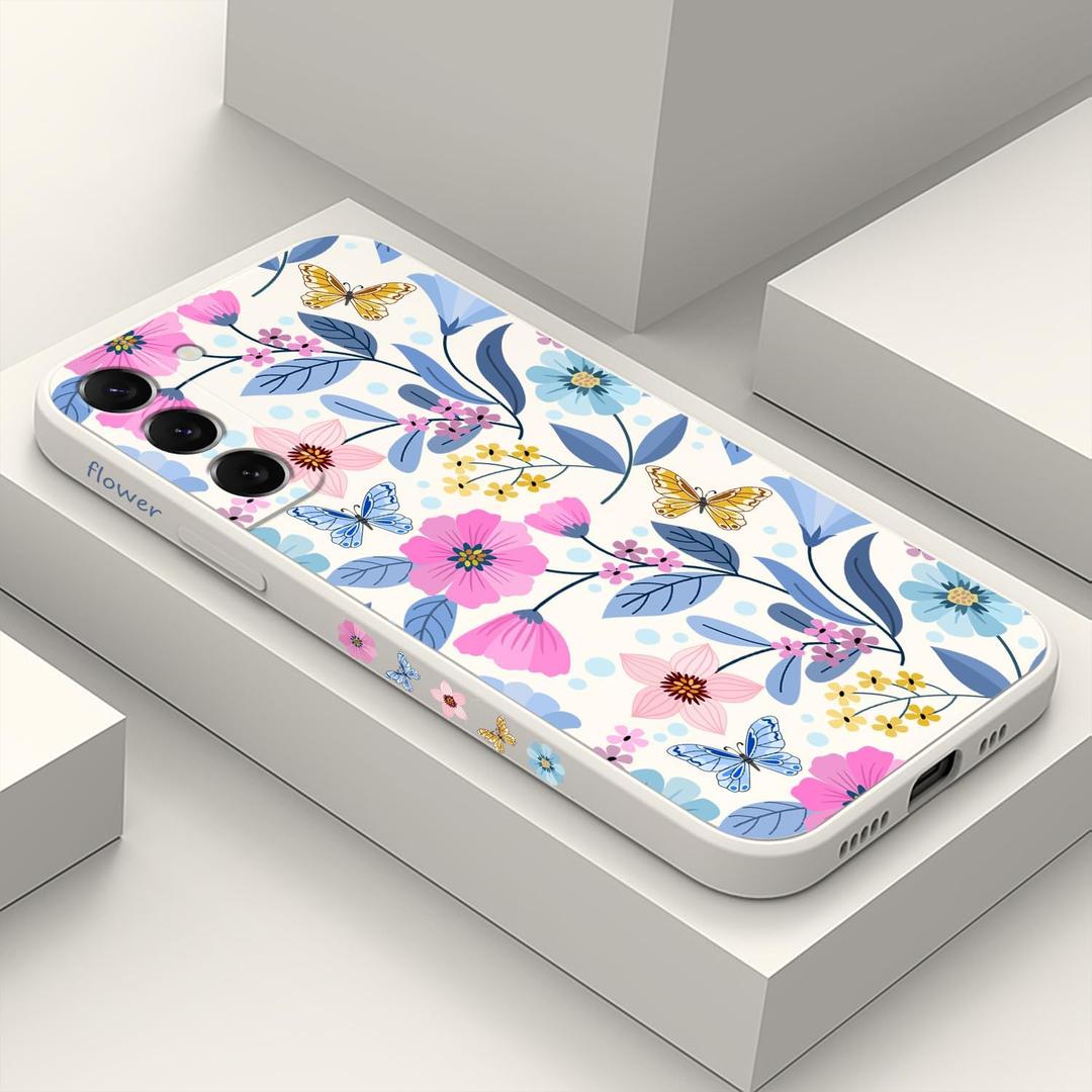 for Samsung Galaxy S22 Plus Case, Case for S22 Plus Galaxy Liquid Silicone Soft Slim Fashion Design Flower Phone Protective Phone Cover 6.6"-Flower White