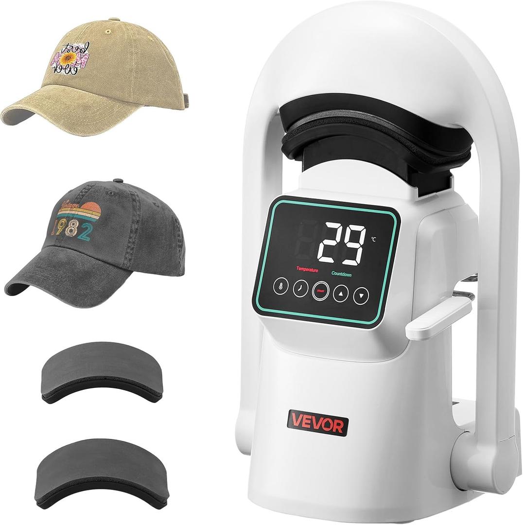 VEVOR Auto Hat Heat Press Machine, with 2pcs Interchangeable Platens, Automatic Open and Release, Touchscreen for Precise Time and Temperature Control, Heat Transfer Printing for Caps, Hats, White