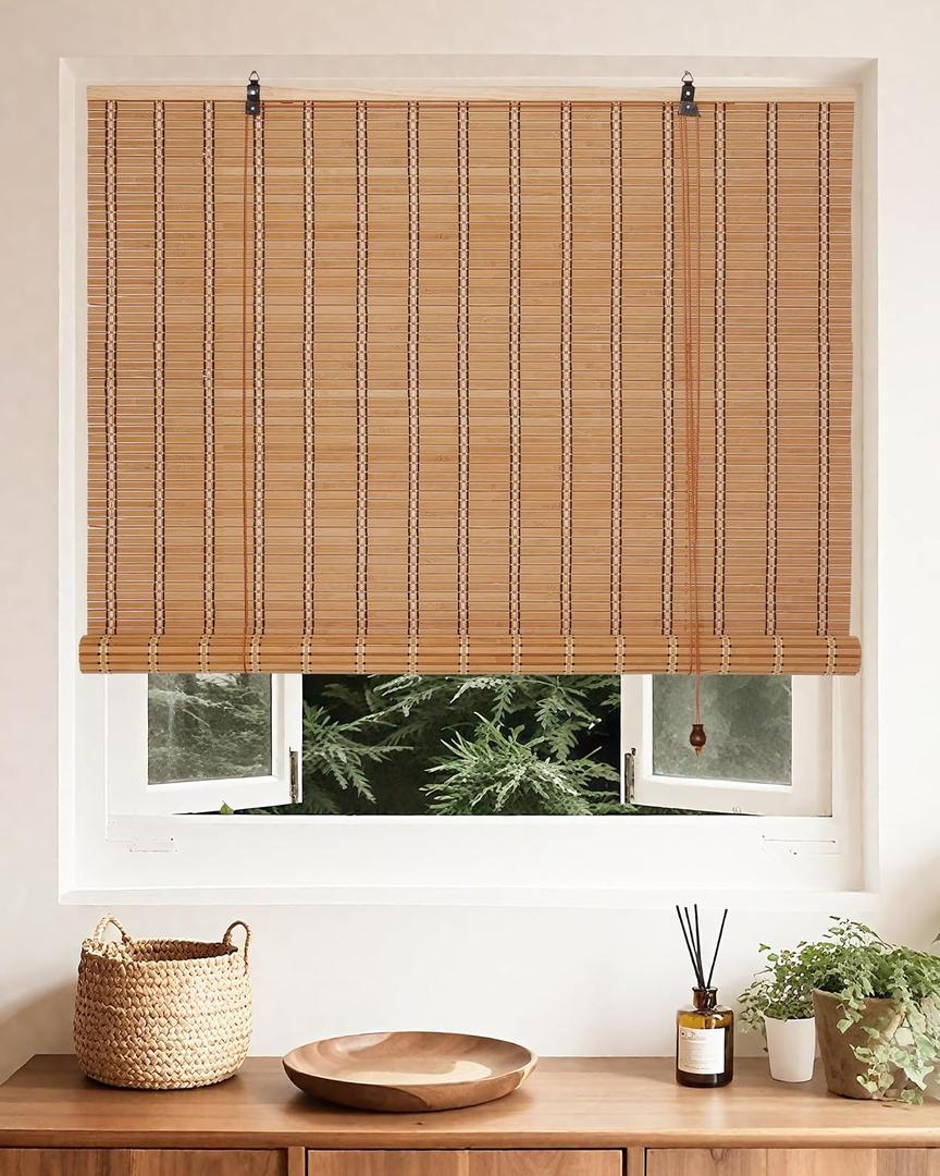 FoundGo 51" W x 72" H Bamboo Roller Blinds Sun Shade,Retro Light Filtering Roller Bamboo Curtains Roll Up Curtain Shades for Windows,Doorways.
