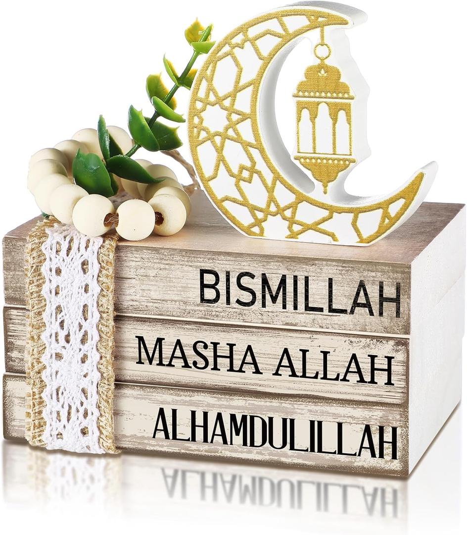 Ramadan Decorations for Home Eid Mubarak Decorations Wood Ramadan Table Sign Golden Moon Eid Tiered Tray Sign for Islamic Muslim Table Indoor Shelf Office Gifts