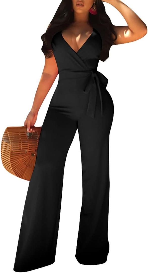 MESLIMA Women's Summer Sleeveless Short Romper Sexy Strap V Neck Wrap Front Tie Casual One Piece Jumpsuit