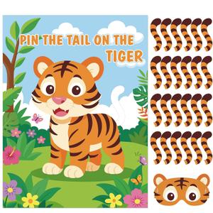 Faccito Jungle Animal Games Pin The Tail On The Tiger Safari Animal Birthday Party Games with Tiger Poster 24 Tail Stickers and Blindfold for Safari Jungle Zoo Forest Party Decorations Supplies