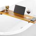 Bathtub Tray, Acacia Bath Tray for Tub, 34.6''x9'' Wooden Bathtub Caddy Tray with Adjustable Legs Fit Various Bathtubs, Anti-Tipping, Sustainable Bath Table with Wine Glass and Tablet Holder (Acacia)