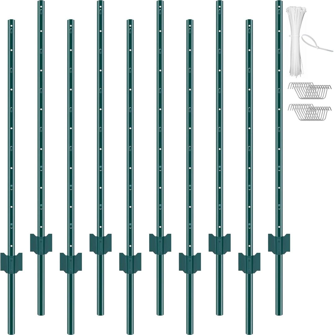 VEVOR 4 Feet Fence Post, 10 Pack U-Channel Heavy Duty Metal Fence Posts with 20 Zip Ties & 20 Clips, Sturdy Steel Fence Stakes for Garden Yard, Lawn, Farms and Outdoor Wire Fencing, Green