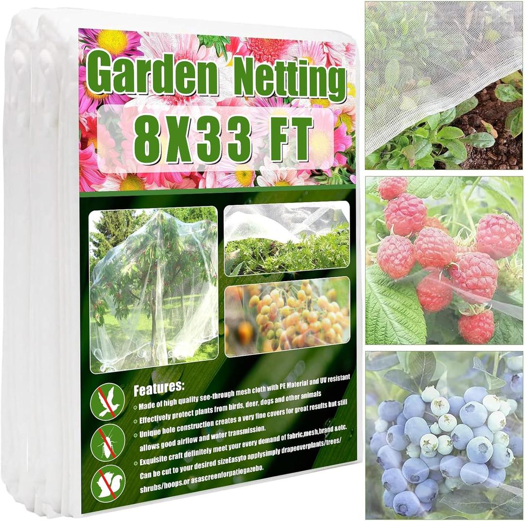 Garden Netting Fine Mesh(8ft x 33ft), Mosquito Netting, Garden Insect Screen Garden Net Fruit Tree Netting Plant Covers for Vegetable Blueberry Bushes