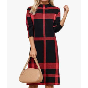 Womens Plaid Splicing Mock Neck Knit Sweater Dress Winter Long Sleeve Knee Length Tunic A-line Midi Dresses size Large