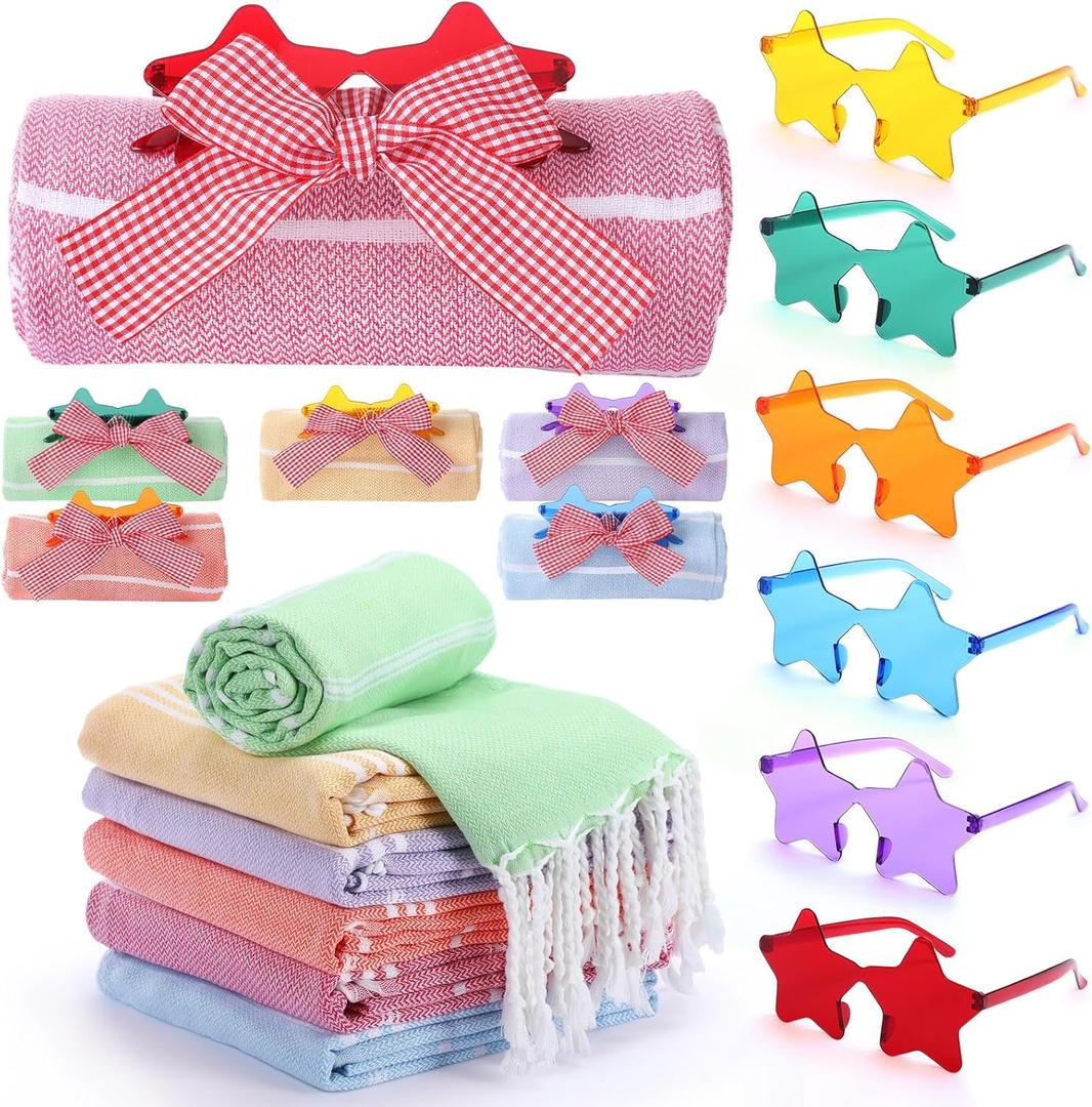 Kinlop Summer Pool Gift Sets Include 6 Summer Beach Towels 6 Colorful Star Eye Sunglasses 6 Gift Cards and 6 Red Buffalo Plaid Ribbons for Hawaii Beach Pool Party Supplies