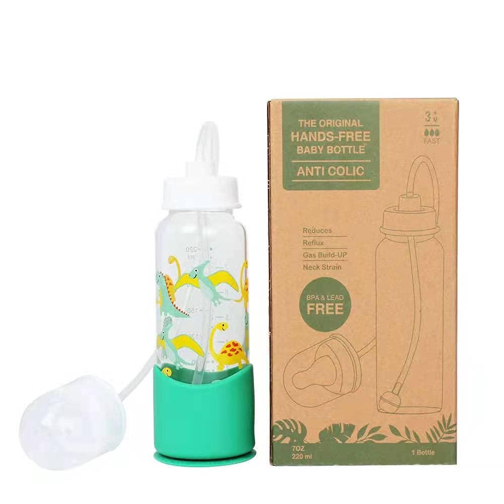 Hands-Free Baby Bottle - Anti-Colic Nursing System 7 oz Glass Baby Bottle with Fast Flow Nipple/Teat 3m+ with Tube Straw Feeding System for Toddler (1 Bottle - Dinosaur)
