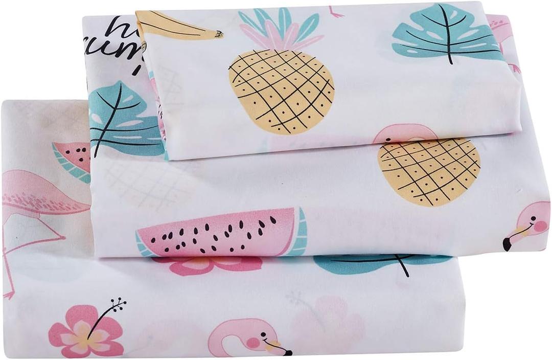 AZORE LINEN Kids Bed Sheet Set - Brushed Super Soft Easy Care Microfiber Tropical Botanical Water Paint Flamingo Pineapple Watermelon Banana Hibiscus Pattern - Hello Summer (Twin)