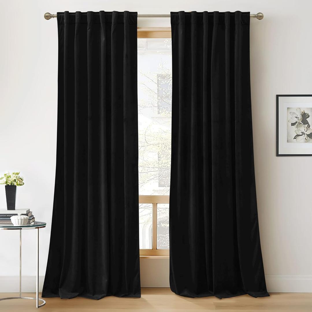 RYB Home Velvet Curtains 96 inches - Blackout Heavy Duty Curtains Soft Luxury Back Tap Window Covering Privacy Protection for Kids Room Bathroom Parlor, Black, W52 x L96 inches, 2 Panels