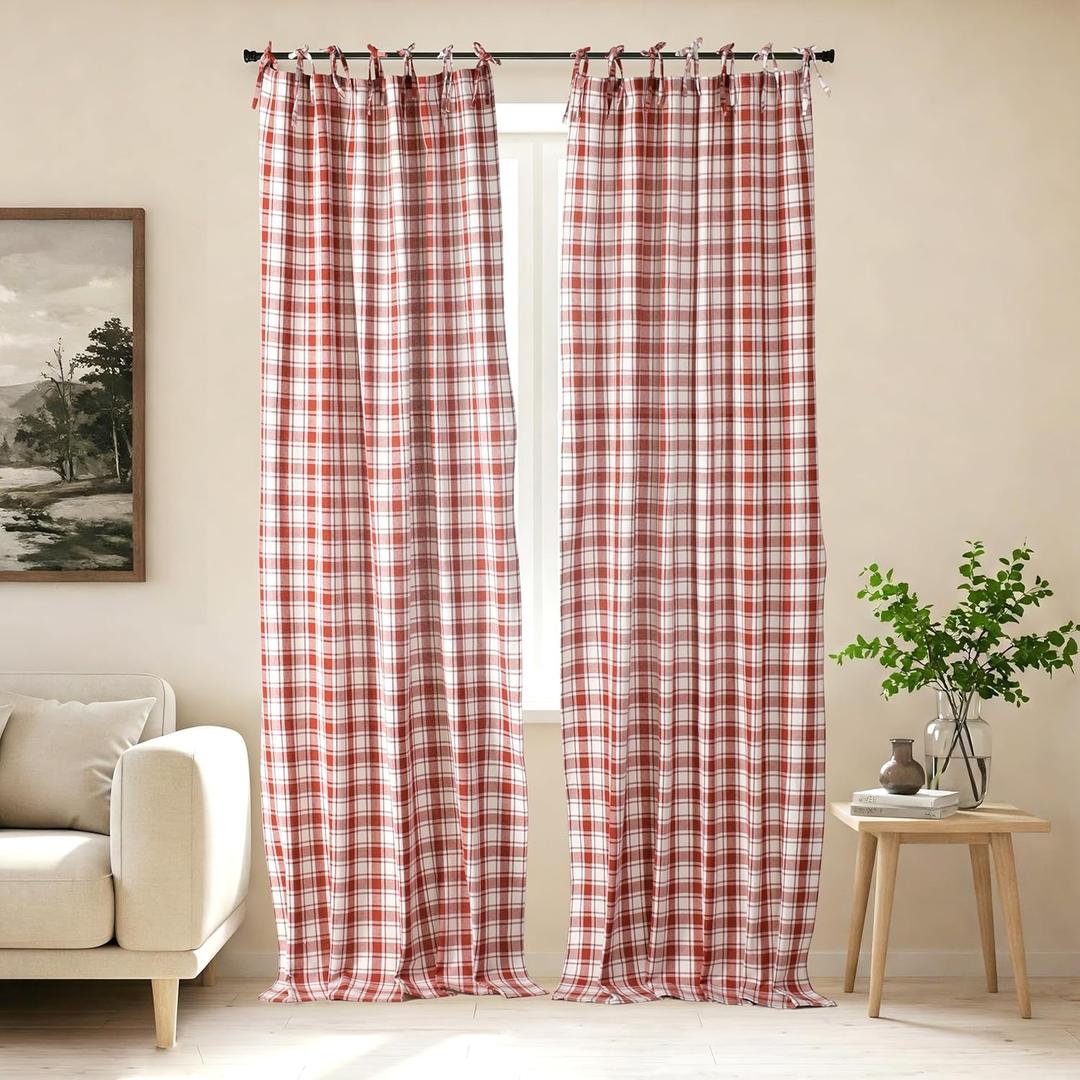 THE ART BOX Buffalo Plaid Tie-Top Curtains  2 Panels, 96"x42", Farmhouse Style Window Drapes for Living Room, Bedroom, Kitchen  Rust Red/White Check
