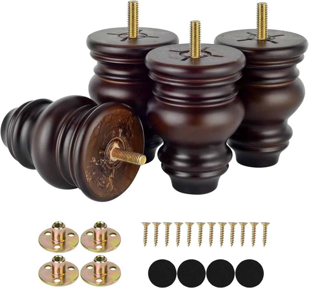 Michanco 4 Inch Wood Furniture Legs Set of 4 Wooden Bun Feet for Couch Sofa Ottoman Mid Century M8 Bolt Screw in