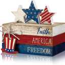 4 Pcs 4th of July Decorations Patriotic Tiered Tray Decorations Signs Rustic Memorial Day Decor Book Block Sign for 250th Anniversary Farmhouse Table Home Tabletop Shelf(Hat)