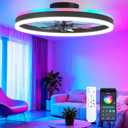 16 Inch RGB Low Profile Ceiling Fans with Lights, Modern Flush Mount Fandelier Chandelier Fixture, Remote & APP Control, Black LED Ceiling Fan Light for Bedroom, Living Room, Kitchen Indoor