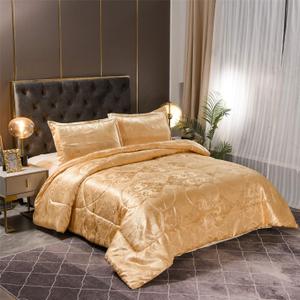 King Size Comforter Set All Season Gold Bedding Comforter Sets Silk Jacquard Bed Set Lightweight Quilt 3pcs Soft Bedding Sets Matching 2 Pillow Shams (King,104-by-90 inches)
