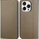 SHIELDON Wallet Case for iPhone 16 Pro 5G 6.3", Genuine Leather Folio Magnetic Kickstand RFID Blocking Credit Card Holder Drop Protection Cover Compatible with iPhone 16 Pro 2024 - Pebbled Khaki