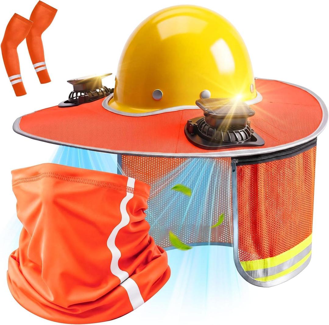Hard Hat Sun Shade with Dual Solar Fans, Neck Cover & Arm Sleeves | Hard Hat Visor Sunshade Full Brim Set, Summer Protection Accessories for Construction, Gardening & Outdoor Work