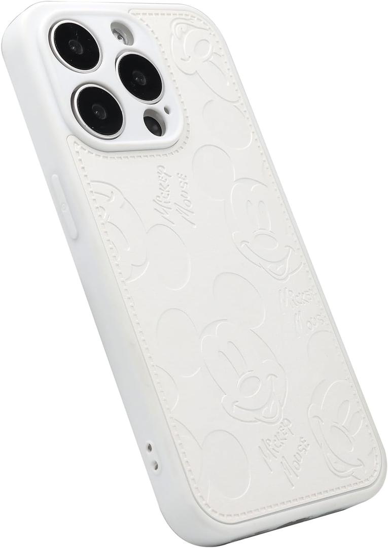 MC Fashion Cute Cartoon Solid Color PU Leather Skin Soft TPU Case Compatible with 15 Pro Max 6.7 inch 2023 (White)