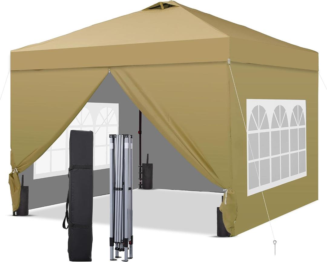 GDY 10x10 Pop Up Canopy Tent with 4 Sidewalls, Easy Set up, Outdoor Silver Coated Beach Gazebos, Carpas with 4 Sandbags, for Pool, Events, Parties, and Camping, Brown.