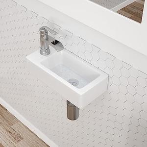 Dcolora Small Bathroom Sink, 14.5"x7" Small Wall Mounted Sink Floating Rectangle White Sink Ceramic Porcelain Tiny Bathroom Sink, Left Hand