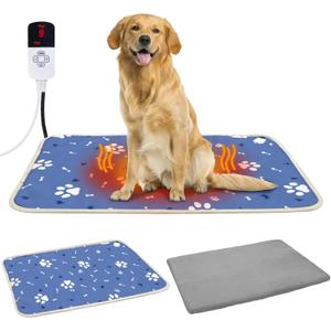 Dog Heating Pad 34"*21" for Outdoor Cat, Heated Dog Bed with Adjustable Temperature & Timer, Indoor Warming Waterproof Pet Heating Pad Mat with Chew Resistant Cord, Replacement Cover for Puppy Kitten